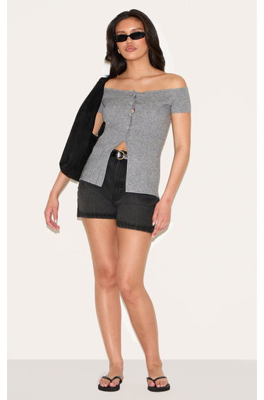 Ash Grey Rib Knit Button Up Bardot Split Hem Top