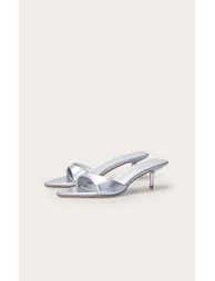 Silver Crinkle Point Toe Thin Strap Low Stiletto Heeled Mules - 2