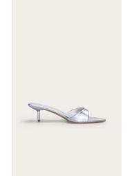 Silver Crinkle Point Toe Thin Strap Low Stiletto Heeled Mules - 1