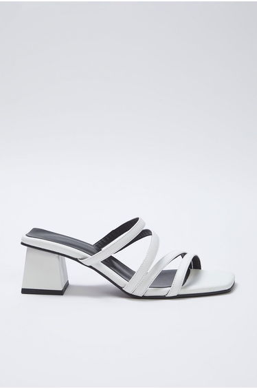 White Thin Strap Square Toe Women's Block Heel Slippers