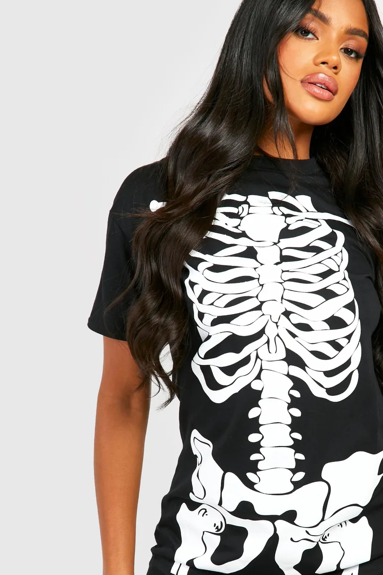 Halloween Skeleton Print T-shirt Dress - black - 3