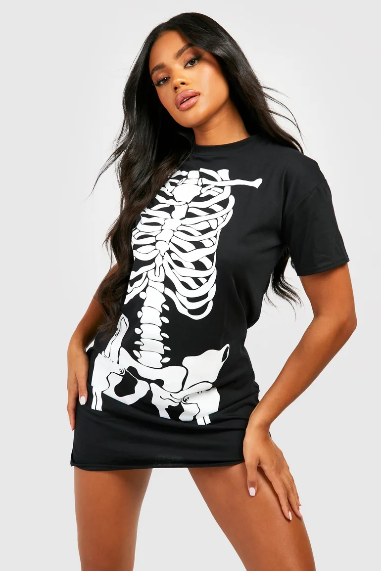 Halloween Skeleton Print T-shirt Dress - black - 1