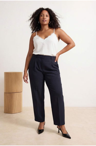 Navy Blue Pleated Modal Plus Size Woven Trousers