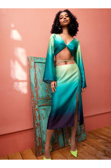 Twist Front Satin Long Sleeve Crop Top