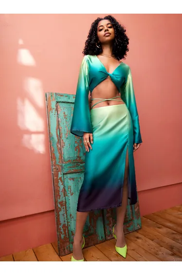 Twist Front Satin Long Sleeve Crop Top