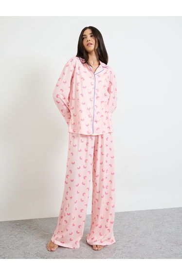 Pink Croissant Bow Piped Long Sleeve Shirt and Pyjama Set
