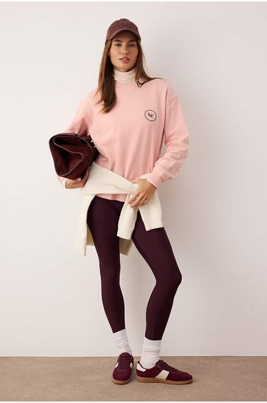 Light dusty rose premium oversize embroidered thick fleece lined knitted sweatshirt