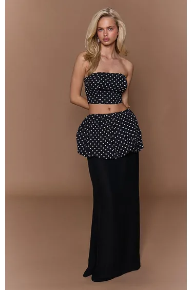 Black Chiffon Polka Dot Puff Maxi Skirt