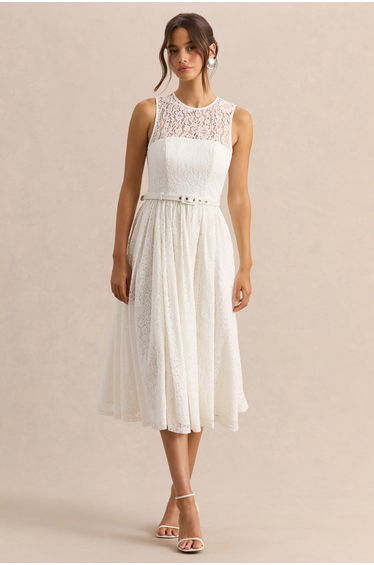 Anabella | White Lace Crew-Neck Belted Midi-Dress