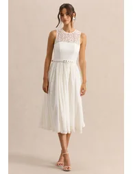 Anabella | White Lace Crew-Neck Belted Midi-Dress