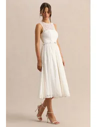 Anabella | White Lace Crew-Neck Belted Midi-Dress - 4