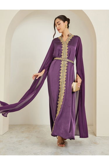 Women Purple Satin Embroidered Jalabiya
