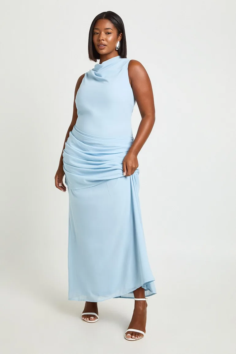 Plus Cowl Neck Draped Skirt Maxi Dress - baby blue