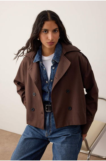 Dark brown double breasted oversize short trench coat