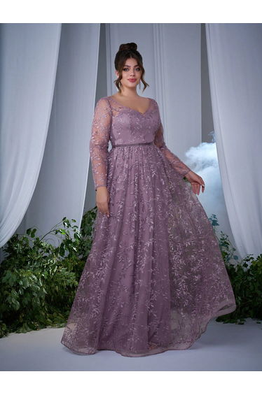 Leely Plus Women's Elegant V Neck Long Sleeve Lace A-Line Dress