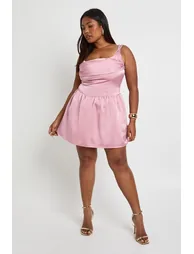 Plus Drape Front Satin Skater - baby pink