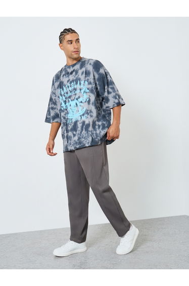 Men Grey Tie-Dye Graphic Print Oversized T-Shirt
