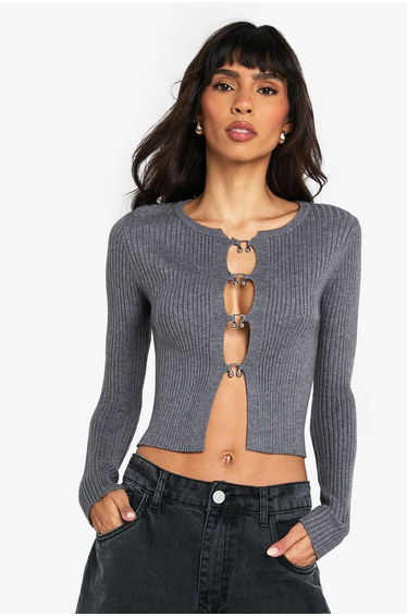 Hook Detail Rib Cardigan - charcoal