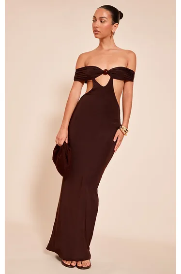 Chocolate Slinky Bead Detail Cut Out Bandeau Maxi Dress