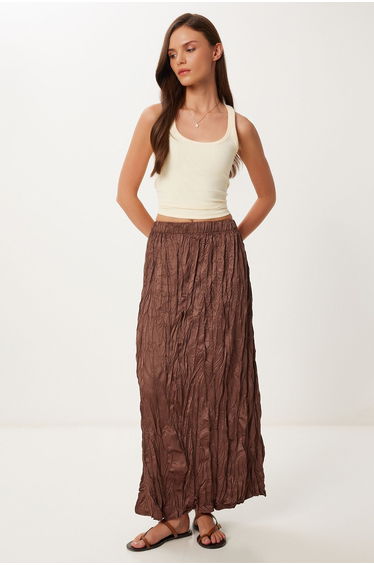 Women's Brown Wrinkled Satin Surface Skirt