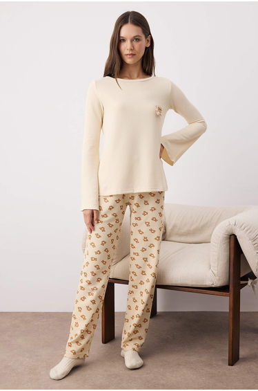 Ecru-Brown Animal Applique Waffle Knit Pajama Set
