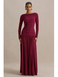 فستان كلوب ال لندن أحمر ماكسي بقصة ميرمايد بأكمام طويلة