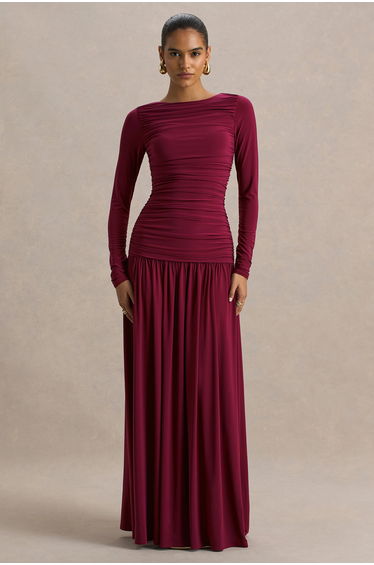 Aniyah | Burgundy High-Neck Maxi Dress With Ruched Detailing