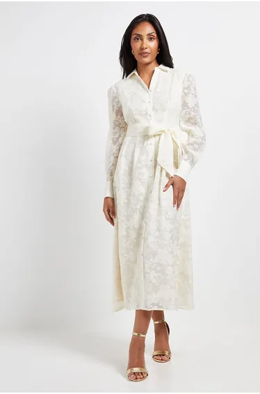 Petite Floral Organza Belted Midi Dress