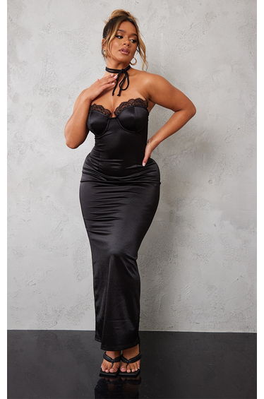 Shape Black Satin Lace Trim Tie Back Midi Dress