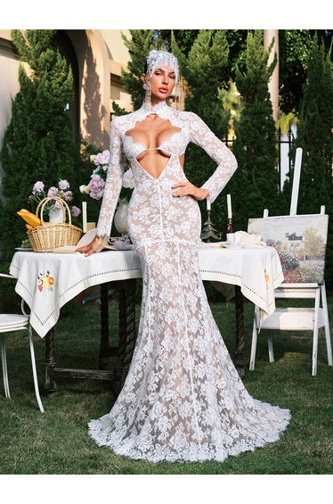 Edalene Long Sleeve Flower Cutout Lace Maxi Dress