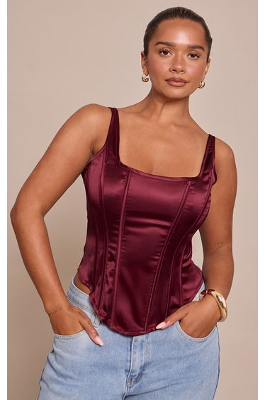 Shape Burgundy Square Neck Satin Longline Corset Top