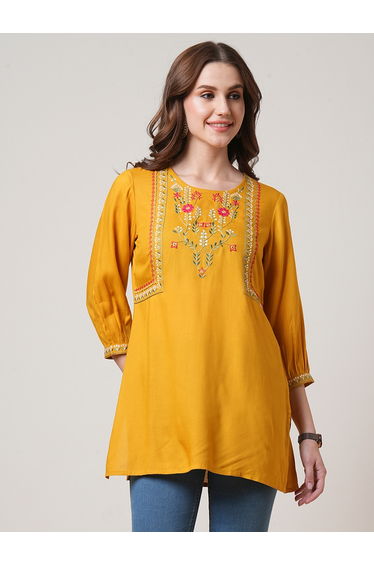 Mustard Embroidered Yoke Fusion Tunic