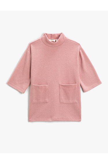 Half Turtle Neck Soft Textured Ribbed Dress Pocket Detail