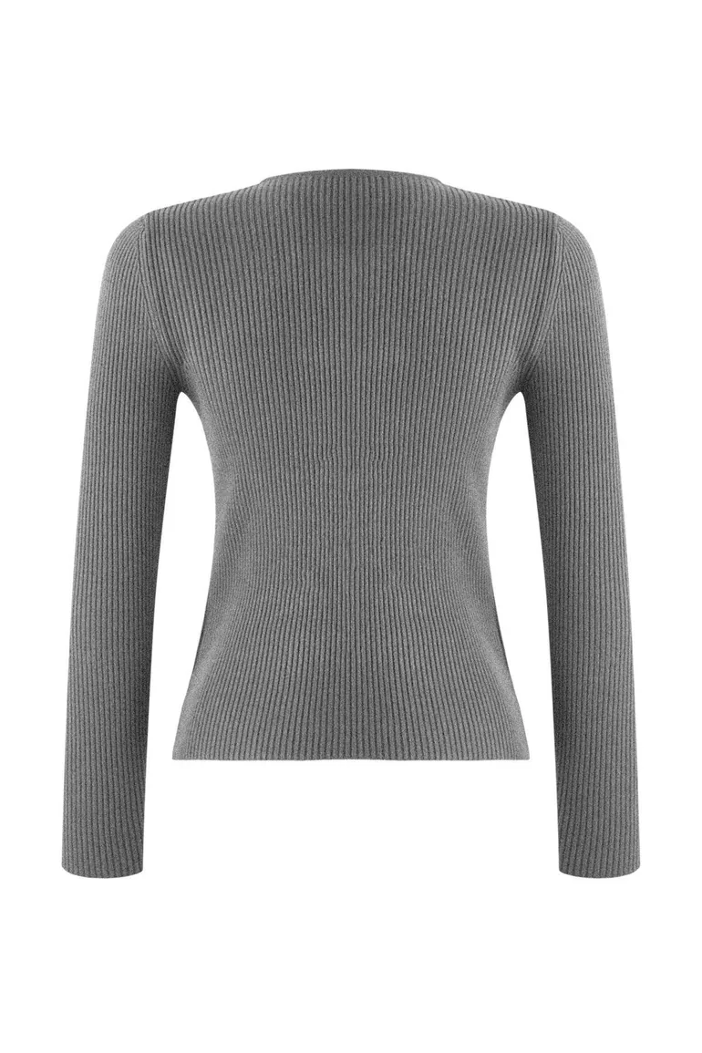 Anthracite Premium/Special Yarn Fitted/Body-Sit Accessory Detailed Knitwear Cardigan - 6