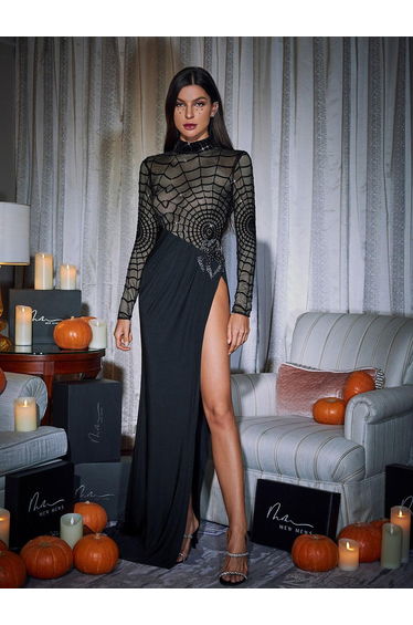Esmeree Long Sleeve Cobweb Sequin Split Dress