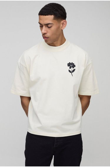 Oversized Boxy Extended Neck Floral Print T-Shirt - ecru
