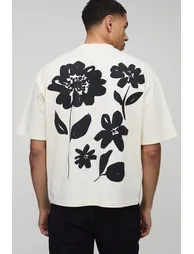 تيشيرت بتصميم واسع عريض بطبعة أزهار - بيج  - 1