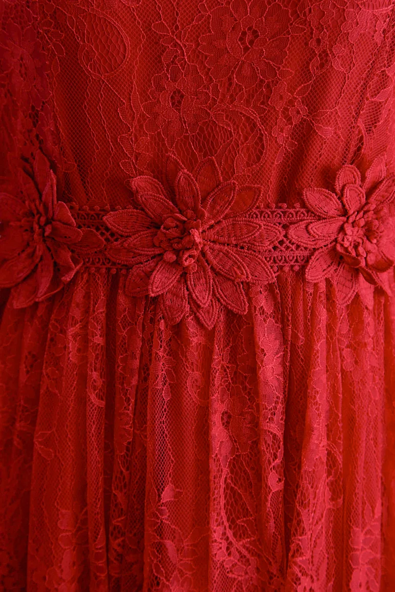 فستان سانفير أحمر ماكسي على شكل حرف A بأكمام طويلة - 8