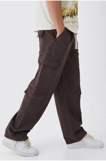 Elasticated Baggy Fit Multi Cargo Trousers - chocolate
