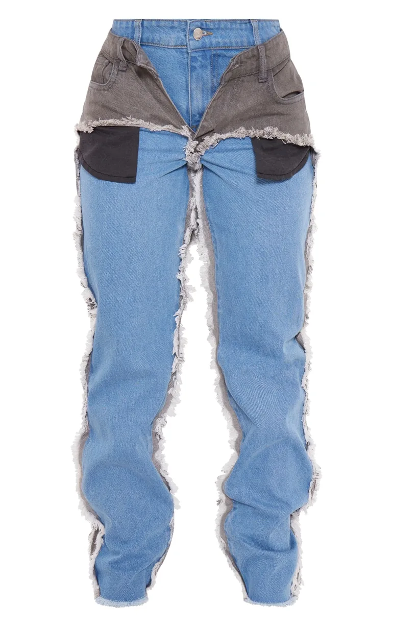 Light Blue Wash Layered Effect Straight Leg Jeans - 4
