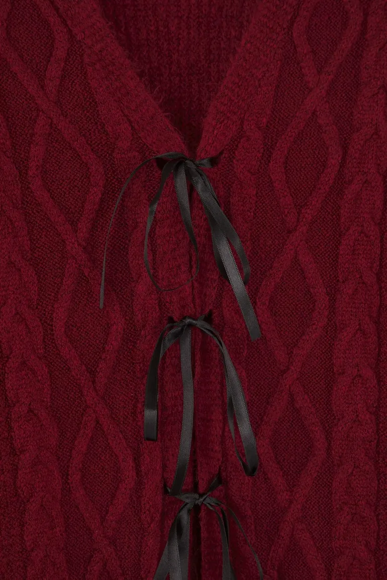 Burgundy Ribbon/Bow Detailed Knitwear Cardigan - 1