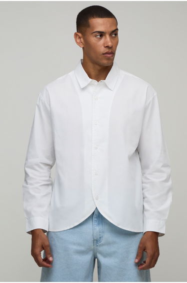 Oversized Curve Placket and Hem Long Sleeve Shirt - white