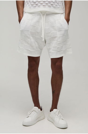 Relaxed Checker Board Knitted Short - ecru
