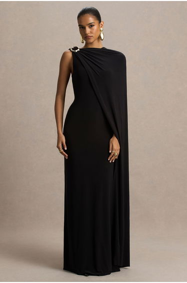 Cressida | Black Asymmetric-Neck Maxi Dress With Cape