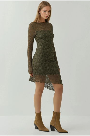 Asymmetric Lace Mini Dress with Boat Neck