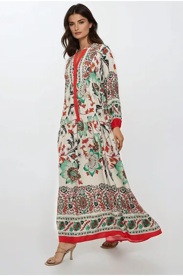Printed Long Sleeve Viscose Maxi Dress