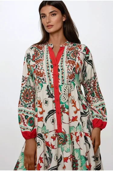 Printed Long Sleeve Viscose Maxi Dress