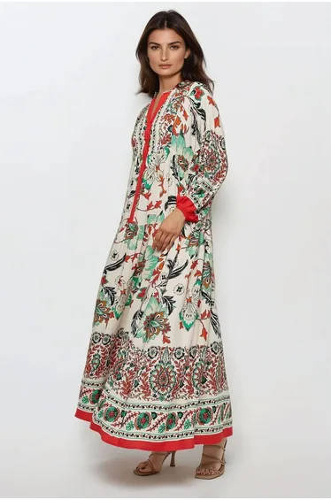 Printed Long Sleeve Viscose Maxi Dress
