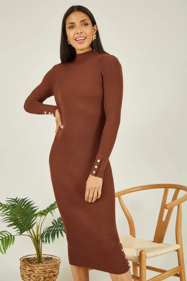 matteau brown dress Brown Midi Shirt Dress With Gold Buttons EDITH