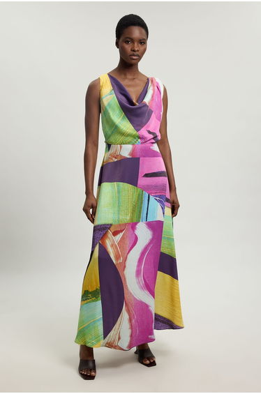 Pink Abstract Twist Shoulder Satin Viscose Midi Dress